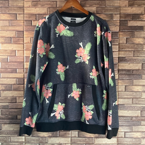 Mens EUC Floral and skull print Volcom sweater w/ pockets - Picture 1 of 7